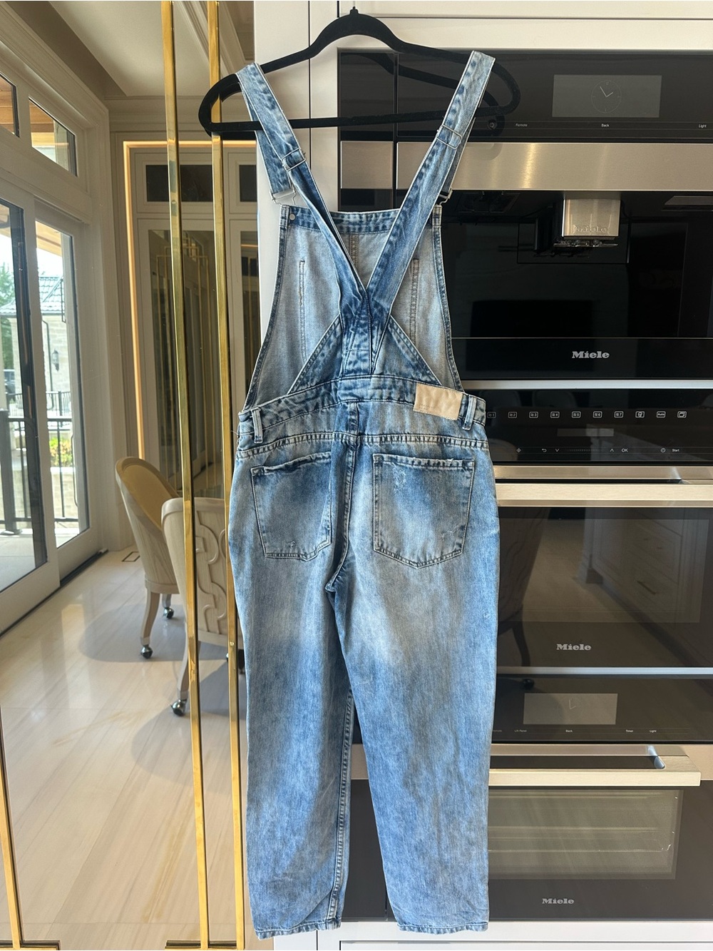 Zara Trafaluc Blue Light Wash Denim Distressed Boehmian Country Overalls- Size S - Picture 9 of 12
